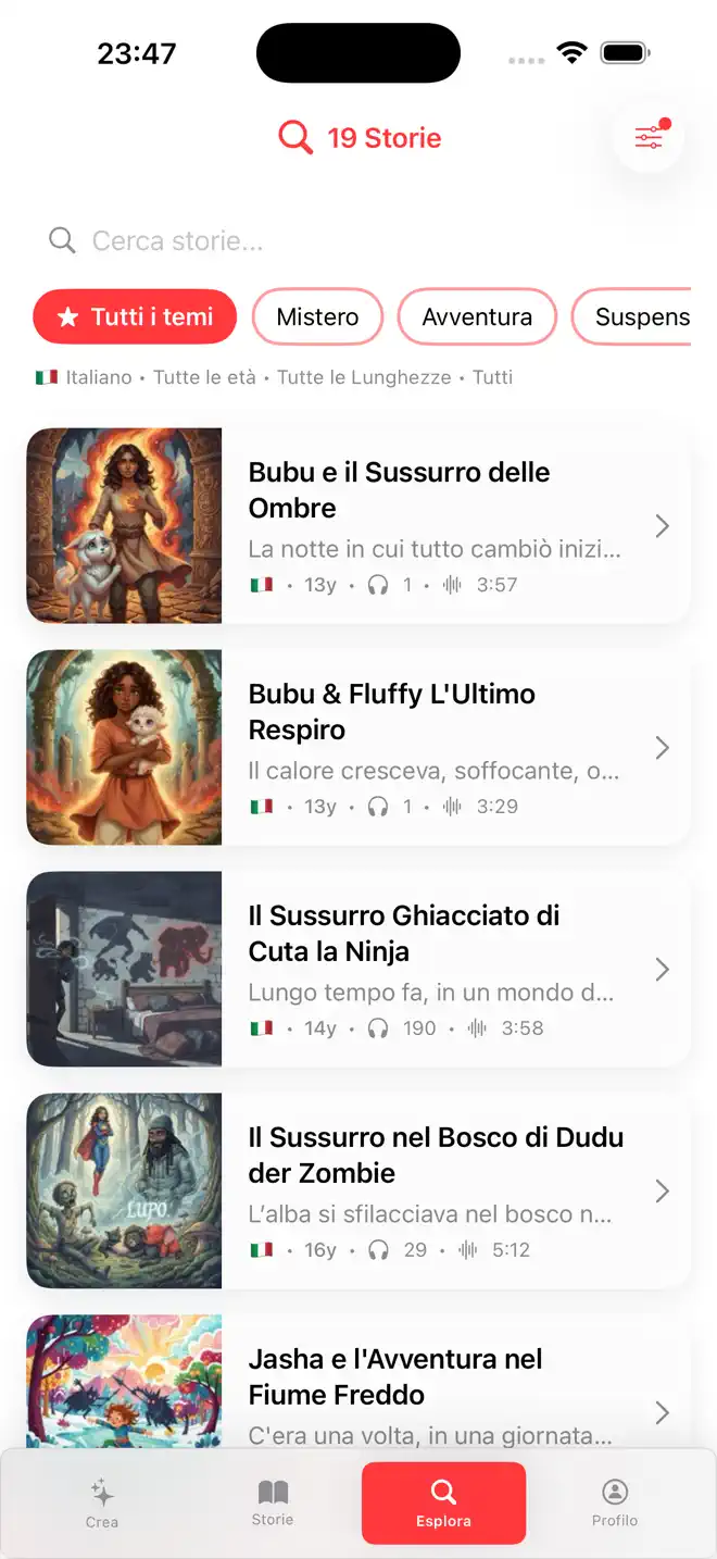 Voki audiolibro personalizzato della buonanotte in italiano — screenshot dell'app per bambini